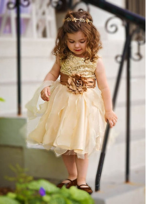 Gold Sequin Champagne Organza Cute Flower Girl Dress With Petals Skirt
